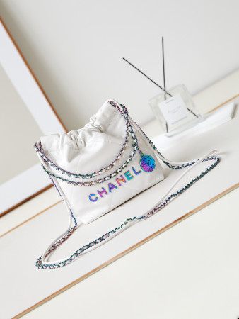 Ch*el 22 mini handbag shiny calfskin & rainbow metal white 7.8 × 7.4 × 2.3 in