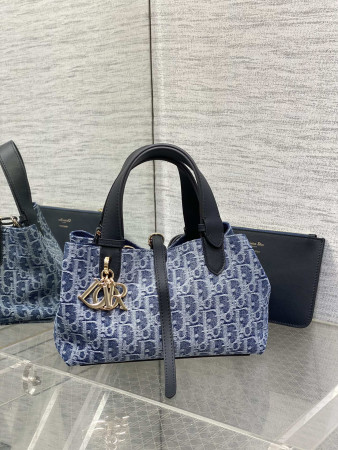 small D*or toujours bag blue denim D*or oblique jacquard 23 x15 x15cm