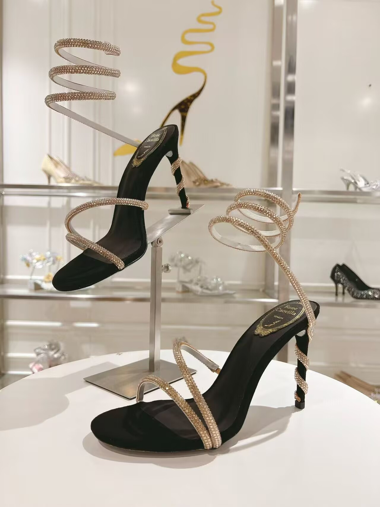 UA RENÉ CAOVILLA MARGOT BLACK JEWEL SANDALS SNAKE 95mm