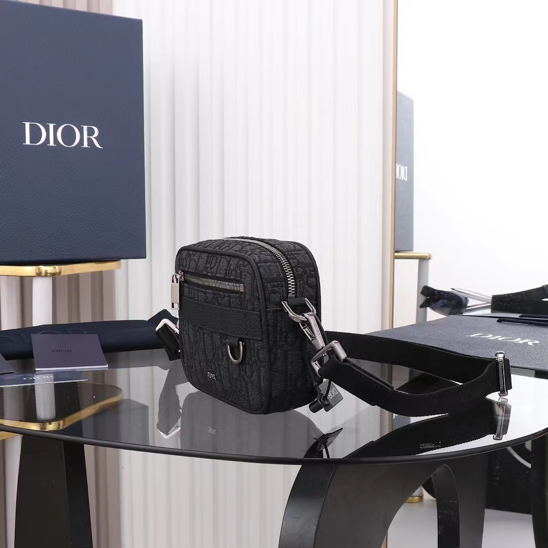 D*or mini safari bag with strap black D*or oblique jacquard 6.5 x 5 x 1.5 inches