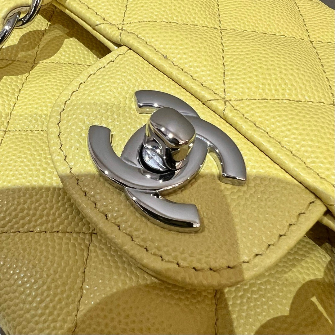 Ch*el classic handbag grained calfskin & silver - tone metal yellow 6×9.9×2.5in