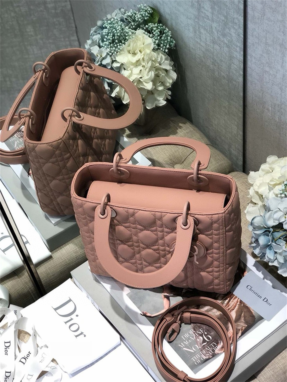 medium lady D*or bag 9.5 x 8 x 4.5 inches