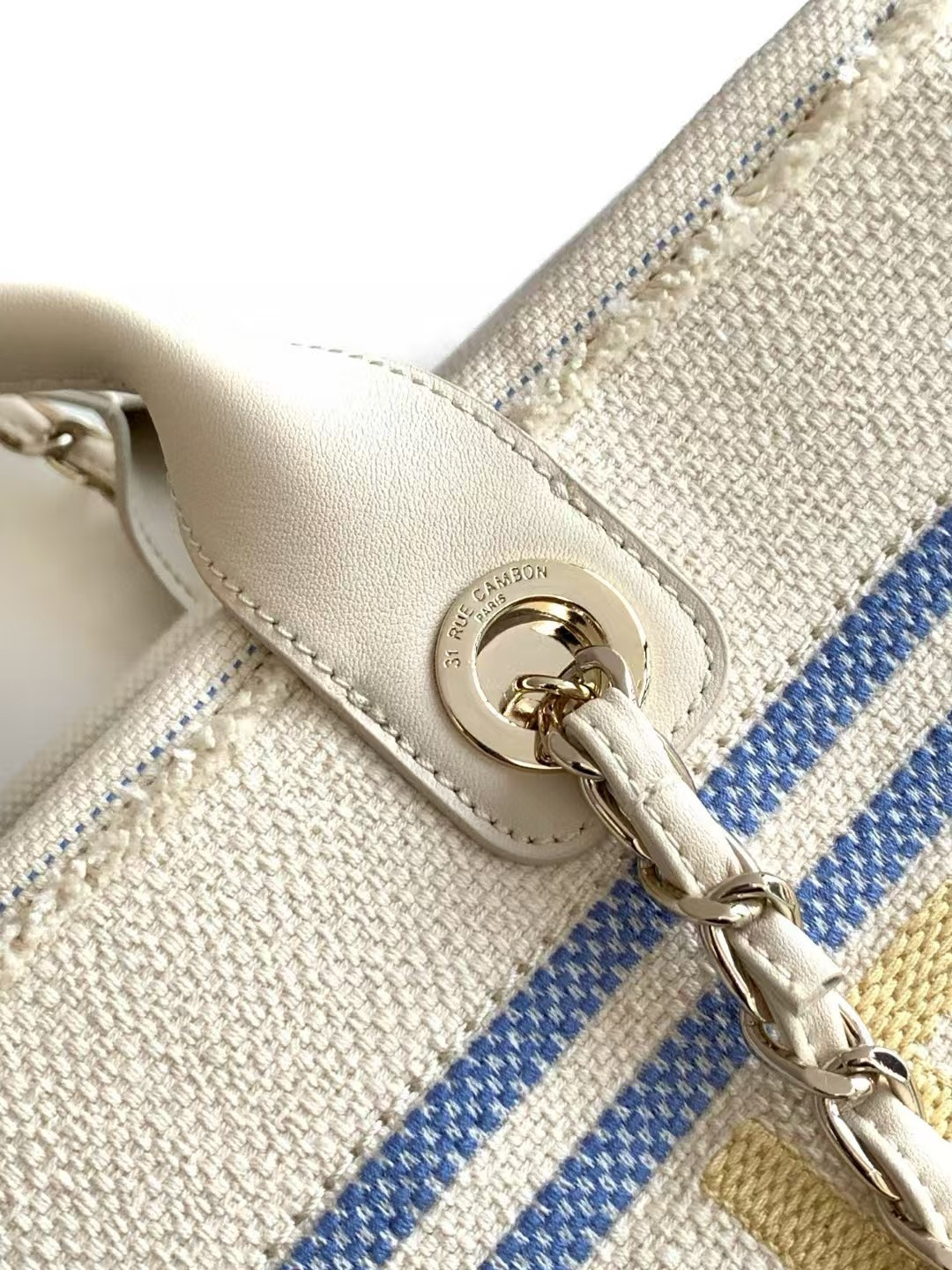 Ch*el shopping bag cotton canvas & gold-tone metal 38x30x22cm