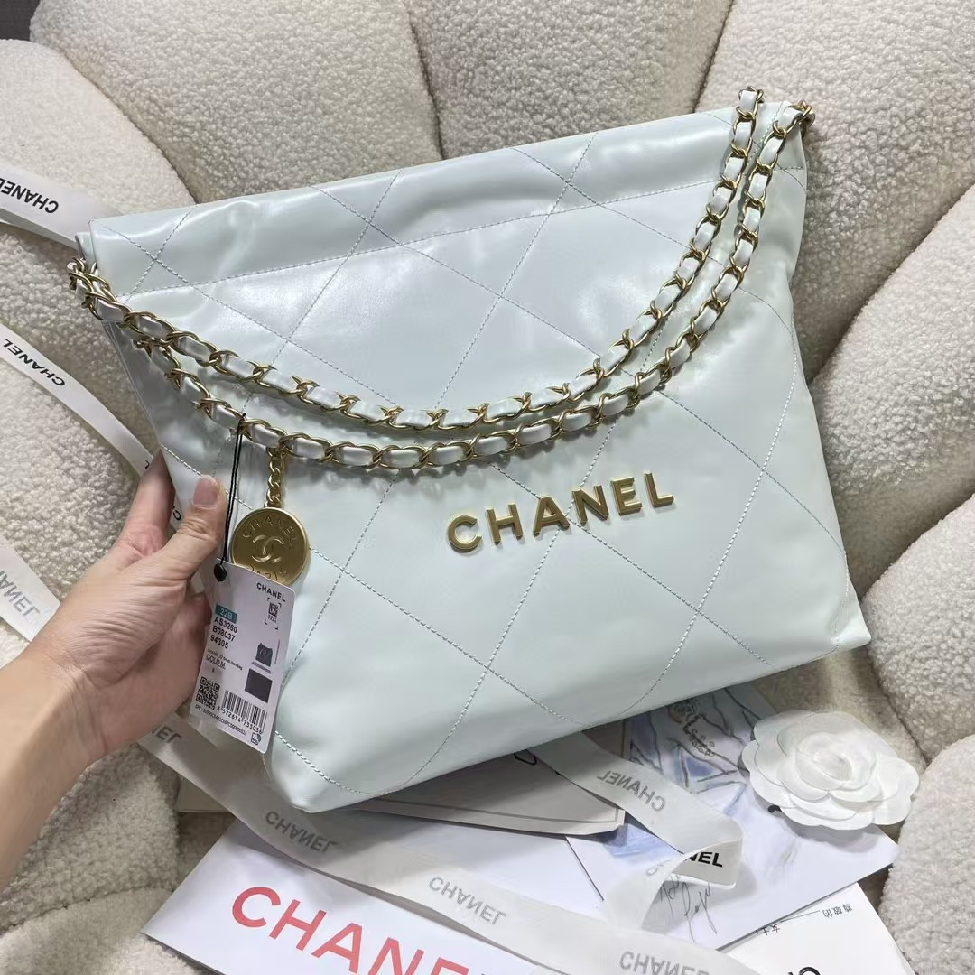 Ch*el 22 small handbag shiny calfskin light blue 37x35x7cm