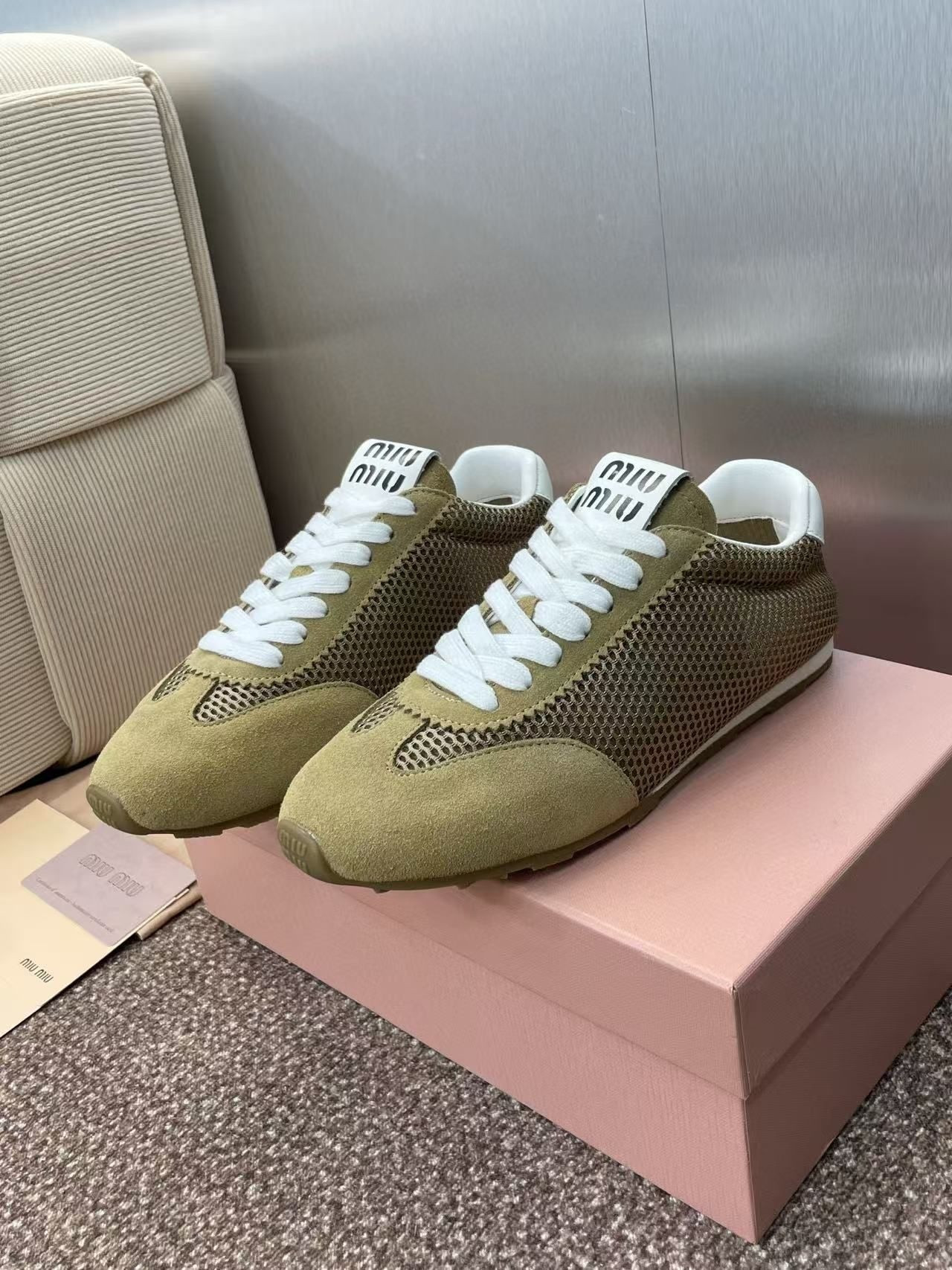 UA Miu Miu Plume mesh and suede sneakers