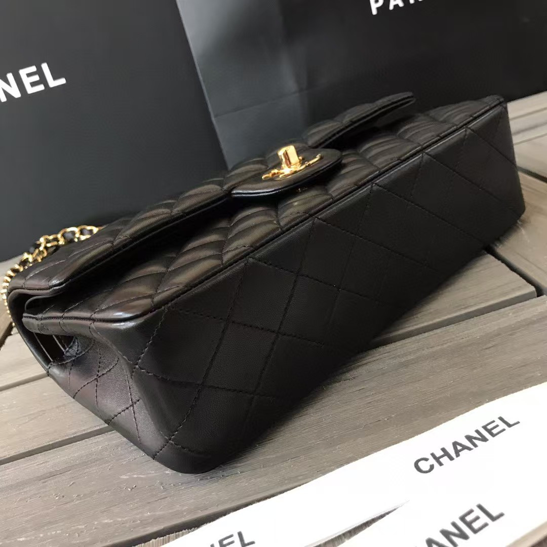 Ch*el small classic handbag gold  metal black 14.5×23×6cm