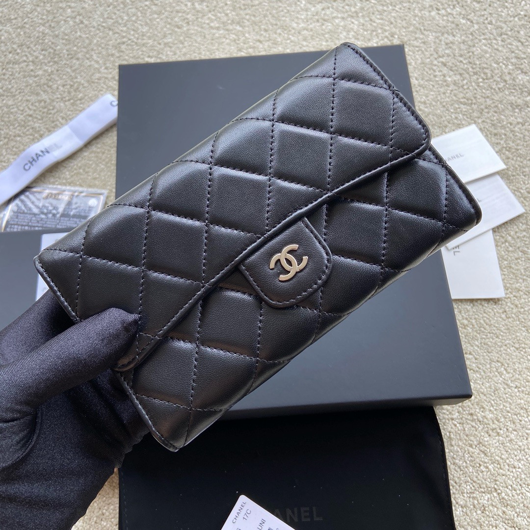 Ch*el flap wallet black silver 19.5 x10 cm