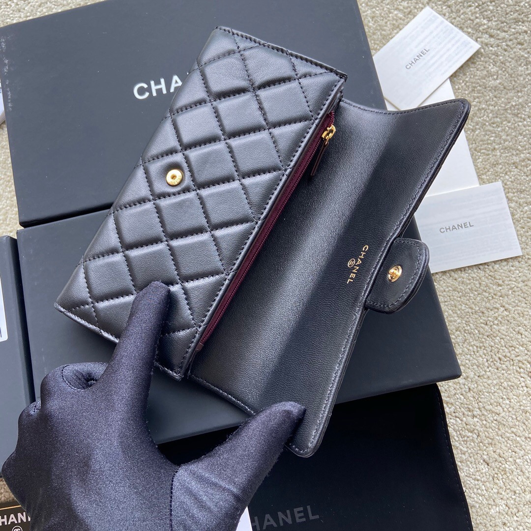 Ch*el flap wallet black 19.5 x10 cm