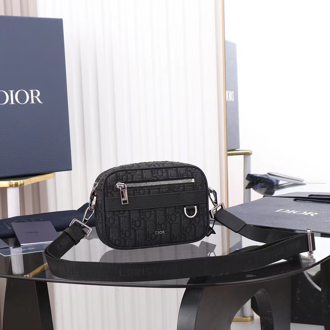 D*or mini safari bag with strap black D*or oblique jacquard 6.5 x 5 x 1.5 inches