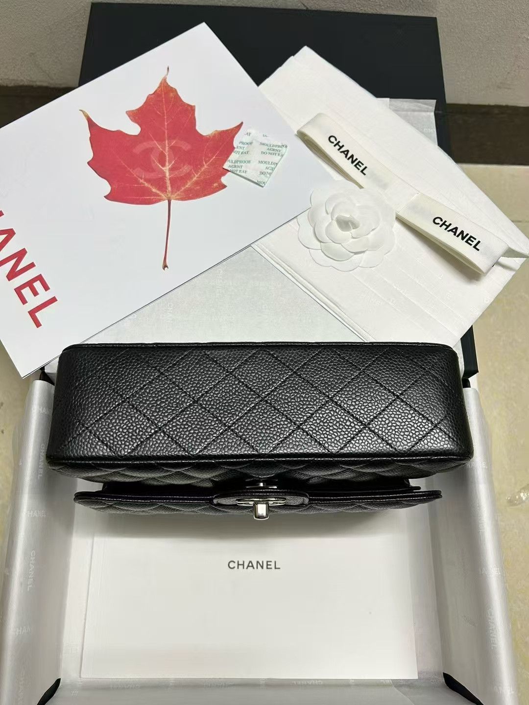 Ch*el small classic handbag grained calfskin & silver-tone metal black 5.7 × 9 × 2.3 in
