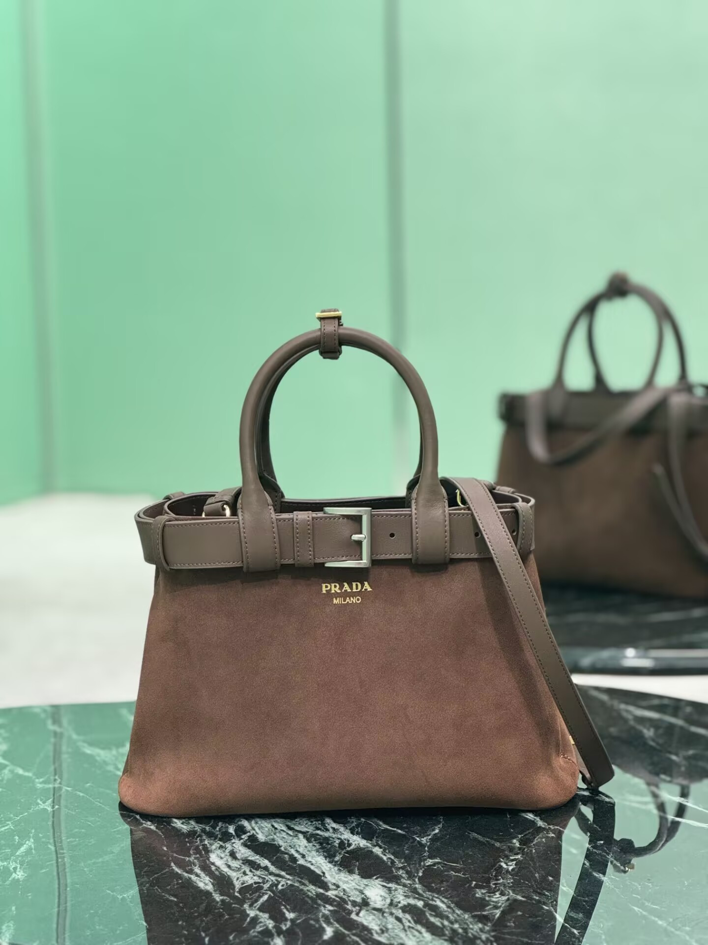 Pra*a buckle medium suede bag with belt 23x32x11cm