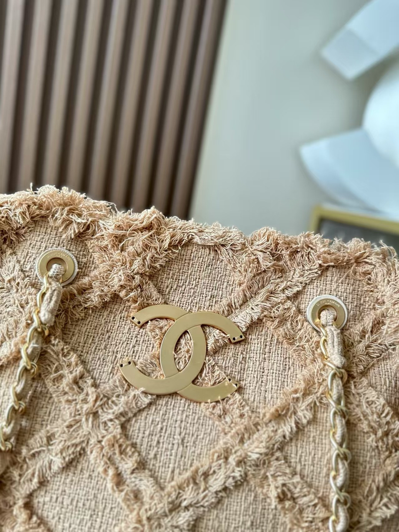 Ch*el vintage linen tassel tote straw bag 48x35x17cm