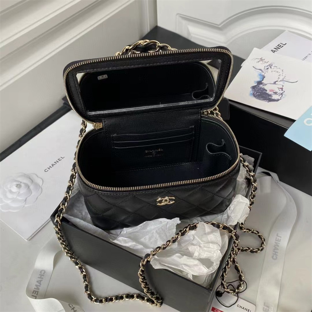 Ch*el walnut gold ball chain with makeup mirror lamb leather square box shoulder bag women