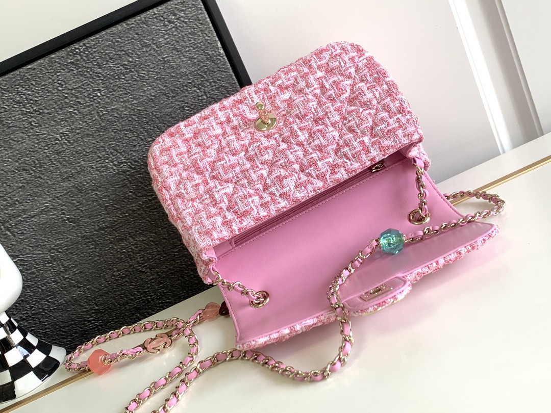 Ch*el flap bag pink tweed 14.5x18.5x6.5cm