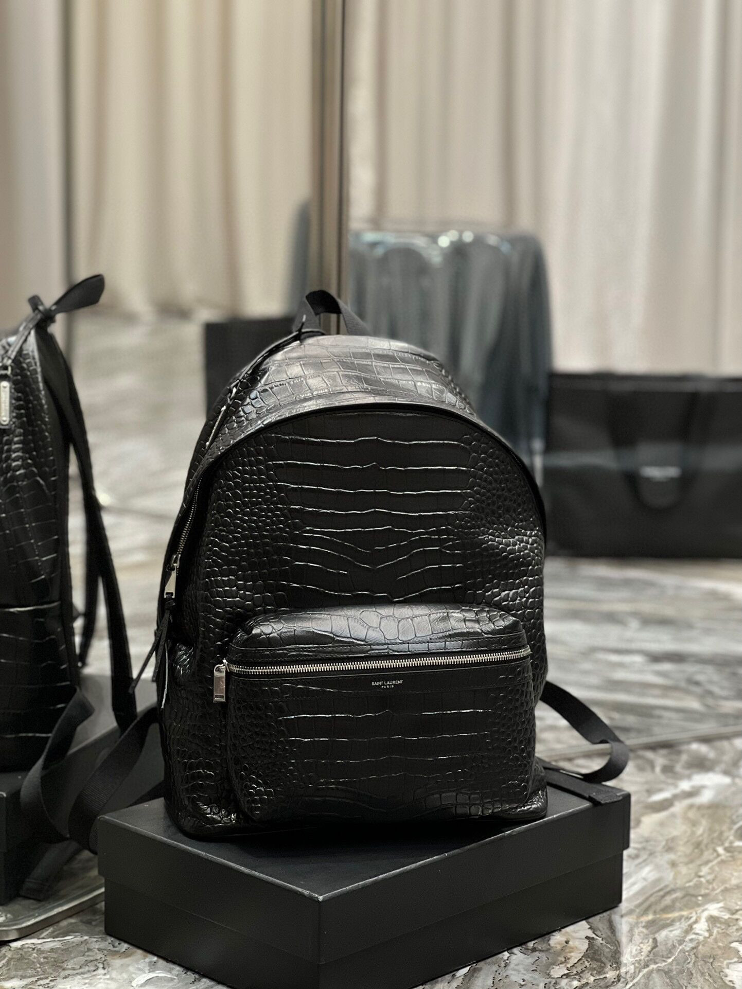 Y*L city backpack in crocodile-embossed leather 12.2 x 16.1 x 8.6 inches