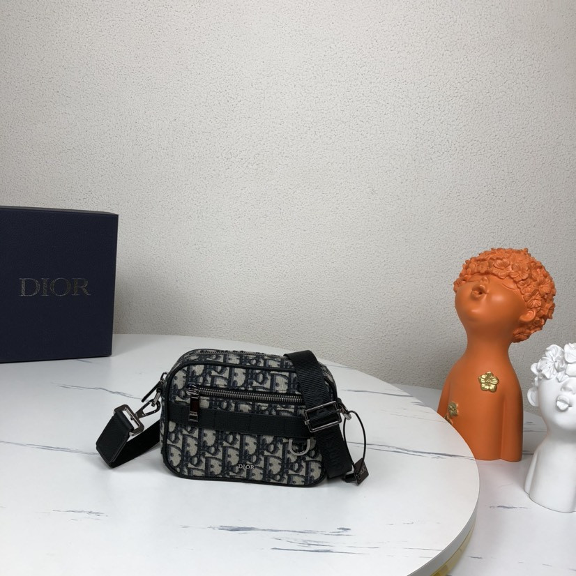 D*or mini safari bag with strap beige and black D*or oblique jacquard 6.5 x 5 x 1.5 inches