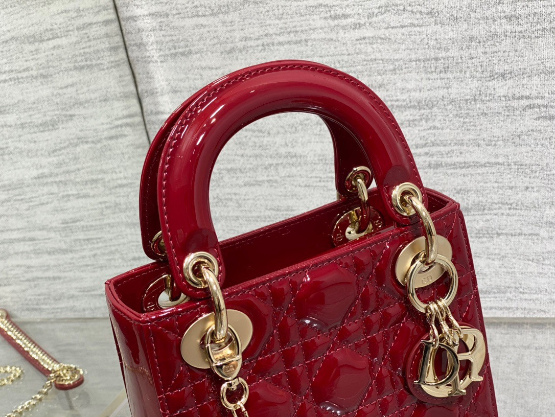 mini lady D*or bag  cherry red patent cannage calfskin 6.5 x 6 x 3 inches