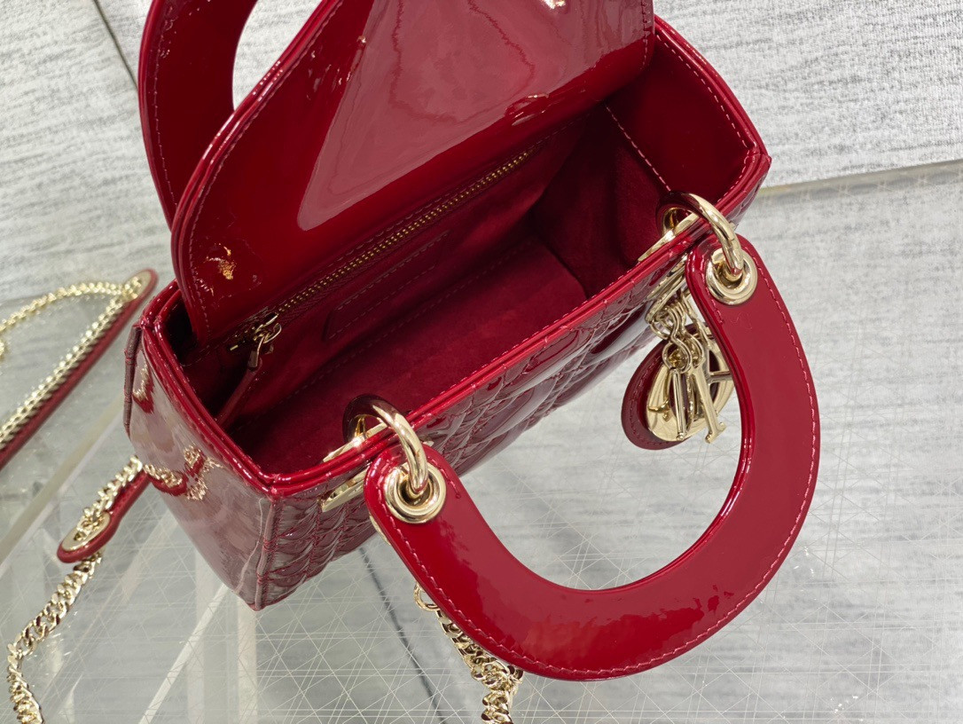 mini lady D*or bag  cherry red patent cannage calfskin 6.5 x 6 x 3 inches