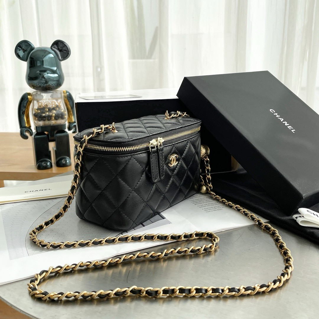 Ch*el walnut gold ball chain with makeup mirror lamb leather square box shoulder bag women