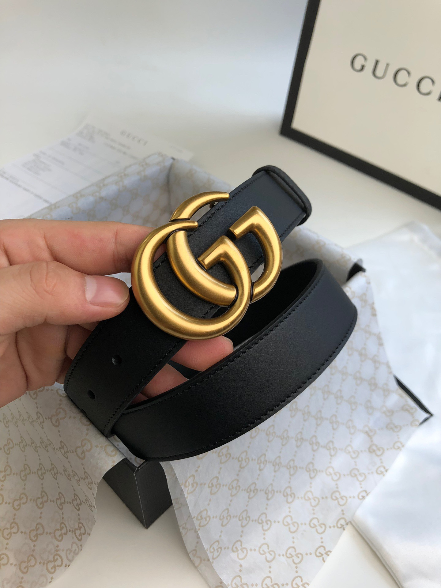 G*u*i wide leather belt with double g buckle 3.5