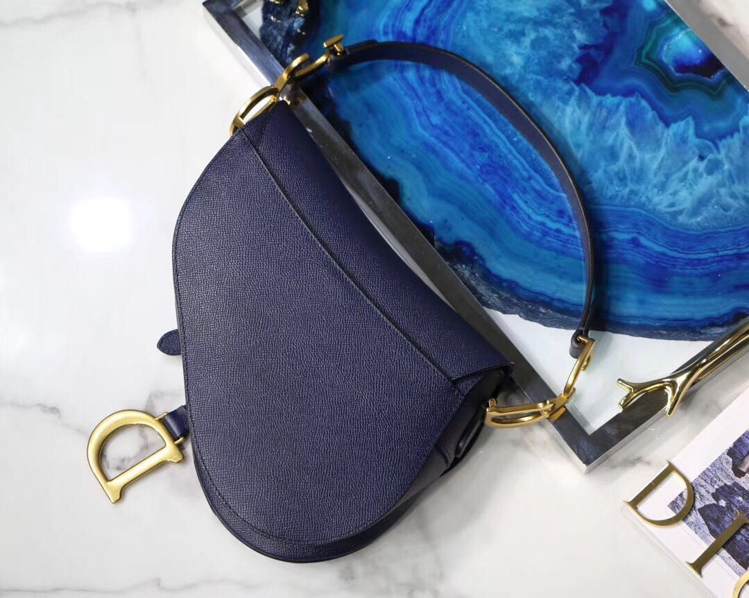 SADDLE BAG WITH STRAP Indigo Blue Grained Calfskin 25.5×20×6.5cm