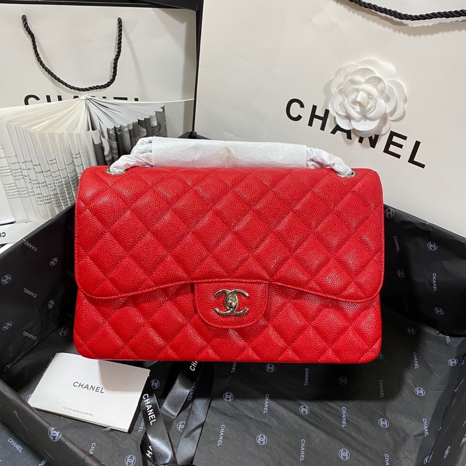 Ch*el classic flap jumbo 30cm cf red silver7.6 × 11.7 × 3.9 in