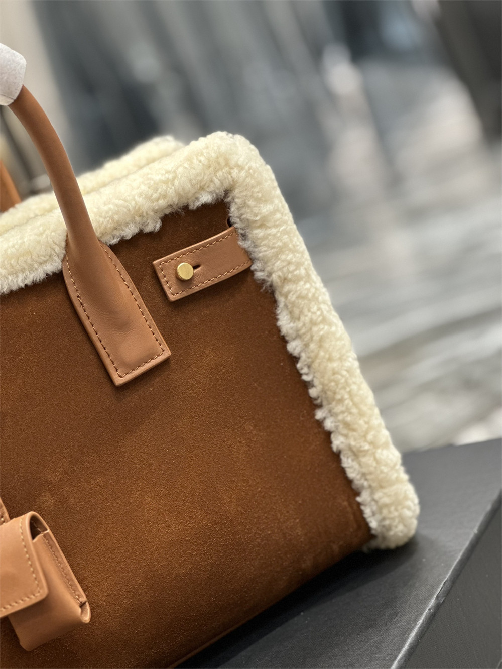 y*l sac de jour S*pple samll in suede and shearling dark cigar and natural beige