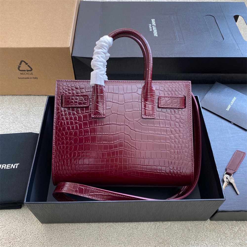 Y*L sac de jour nano in crocodile embossed leather rouge legion 8.6 x 6.8 x 3.5 inches