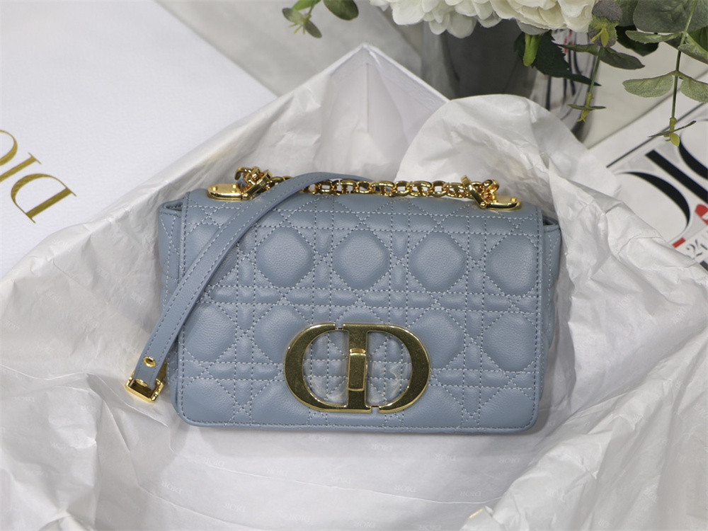 small d*or caro bag light blue S*pple cannage calfskin 20 x 12 x 7 cm