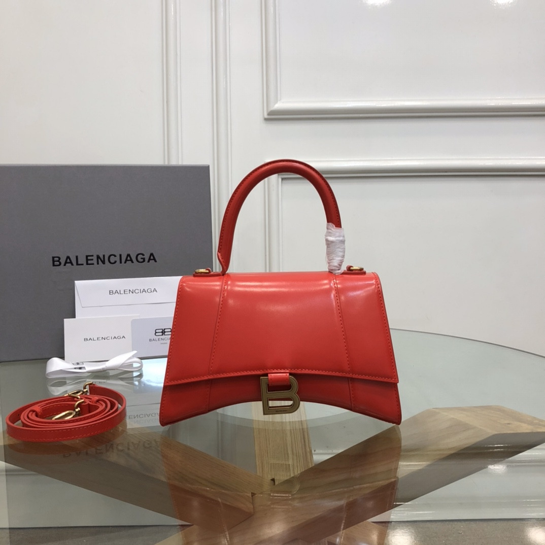 Ba*len*cia*ga women's hourglass small handbag in shiny red box l9 x h5,5 x w3,9 inch
