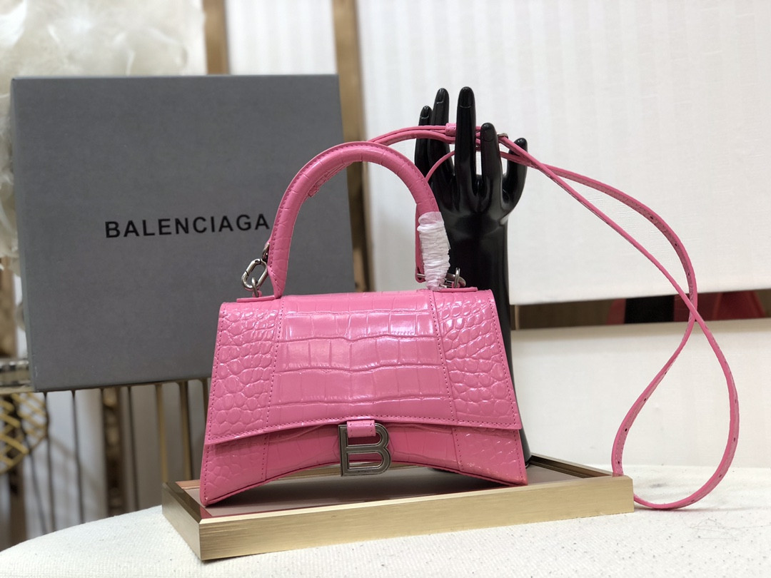 Ba*len*cia*ga women's hourglass small handbag crocodile embossed in shiny pink l9 x h5.5 x w3.9 inch