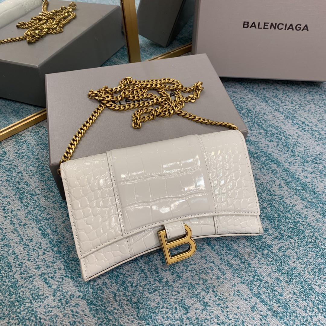 Ba*len*cia*ga women's hourglass wallet on chain crocodile embossed in white l7.6 x h4.7 x w1.9 inch