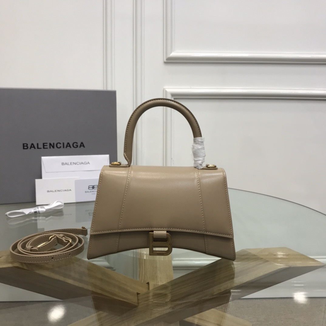 Ba*len*cia*ga women's hourglass small handbag in shiny beige box l9 x h5,5 x w3,9 inch