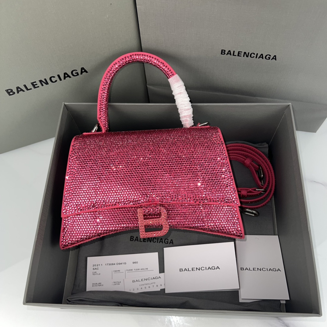 Ba*len*cia*ga women's hourglass small handbag with rhinestones rosered l9 x h5.5 x w3.9 inch