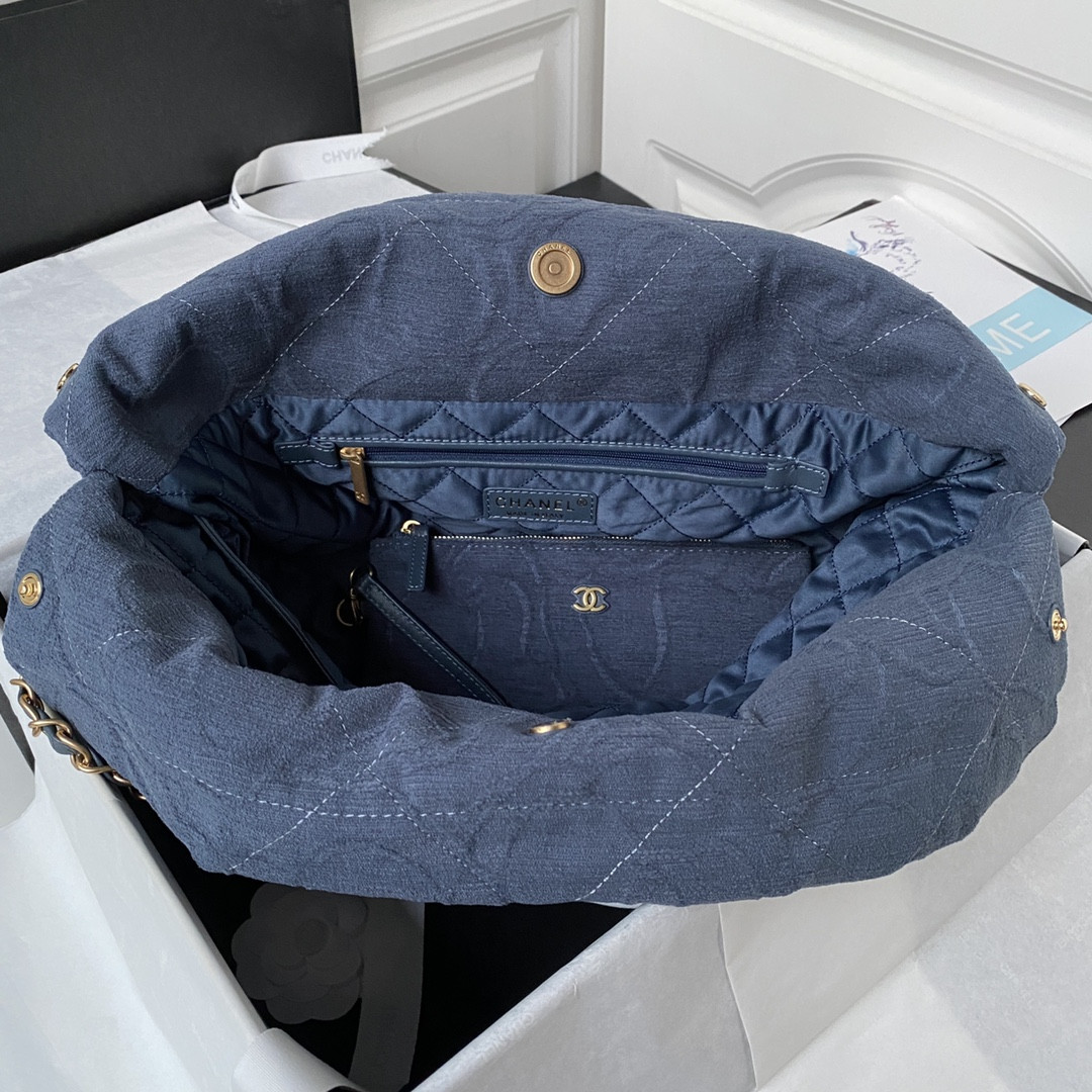 Ch*el 22 handbag velvet blue 15.2×16.4×3.1 in
