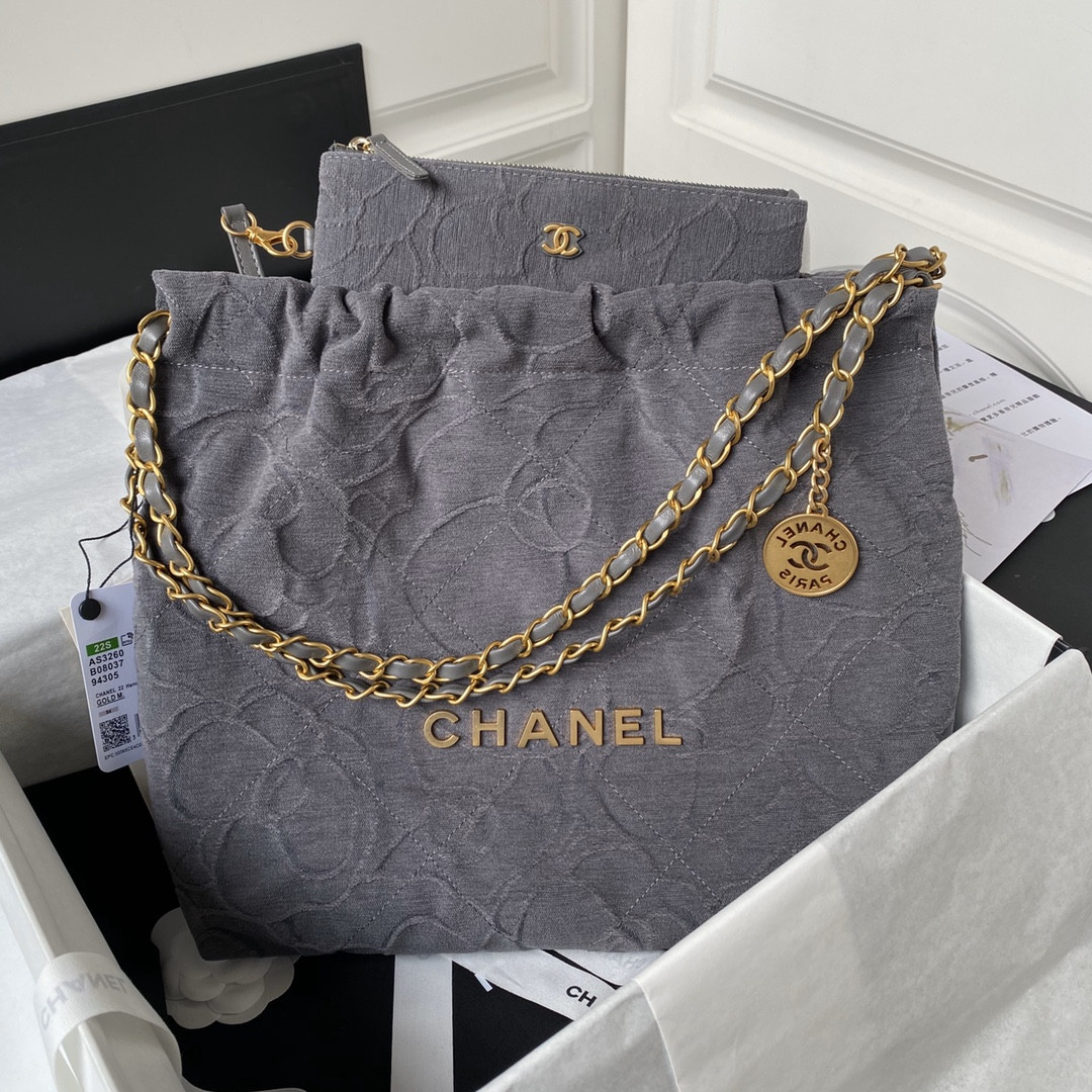 Ch*el 22 small handbag velvet grey 13.7×14.4×2.7 in