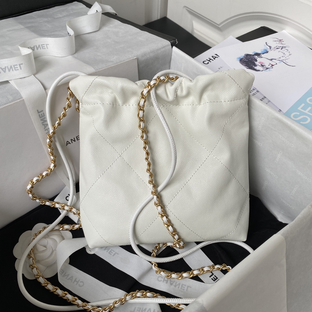 Ch*el 22 mini handbag grained leather white 7.8 × 7.4 × 2.3 in