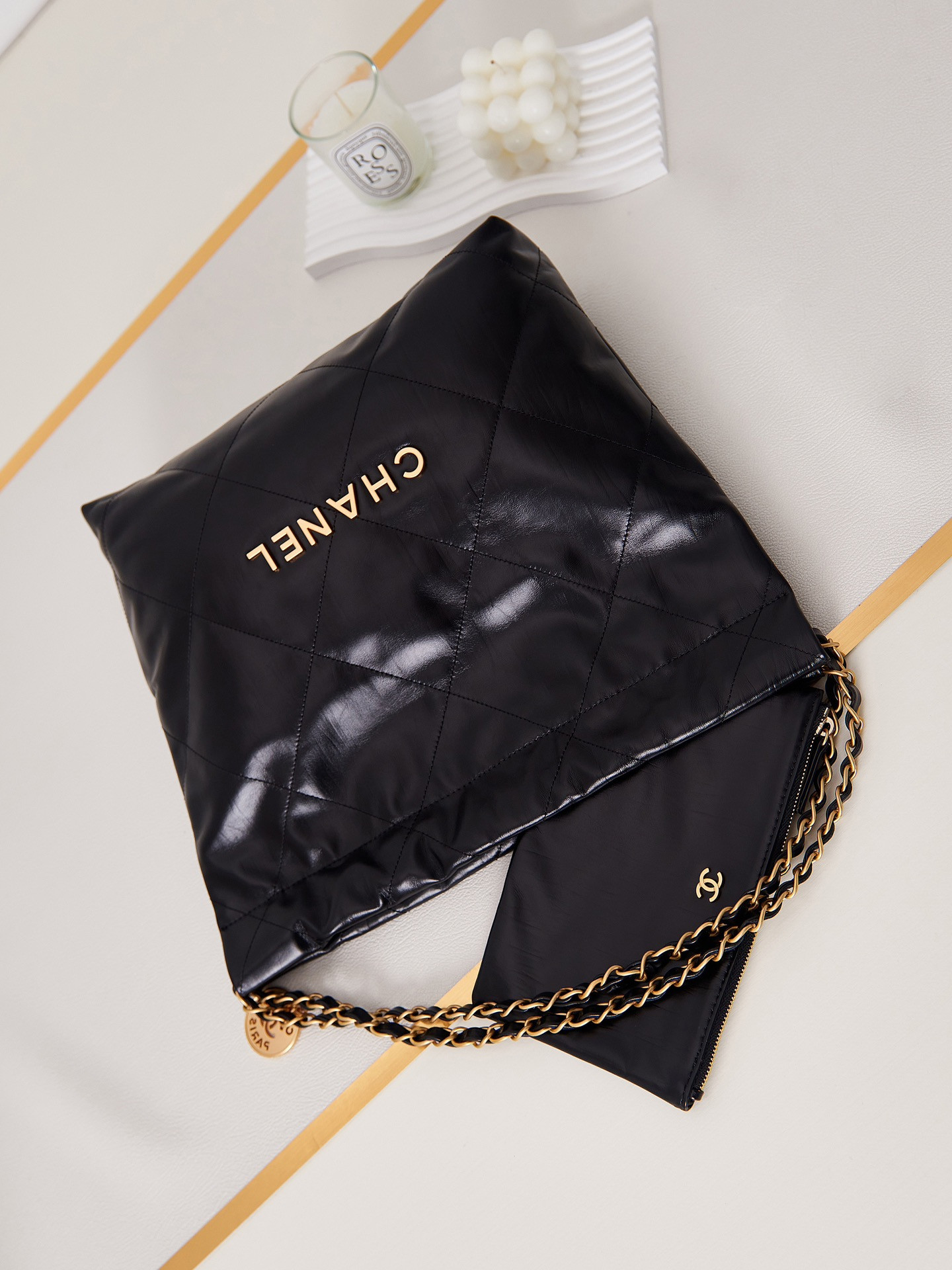 Ch*el 22 small handbag shiny calfskin & gold metal black 13.7×14.4×2.7 in