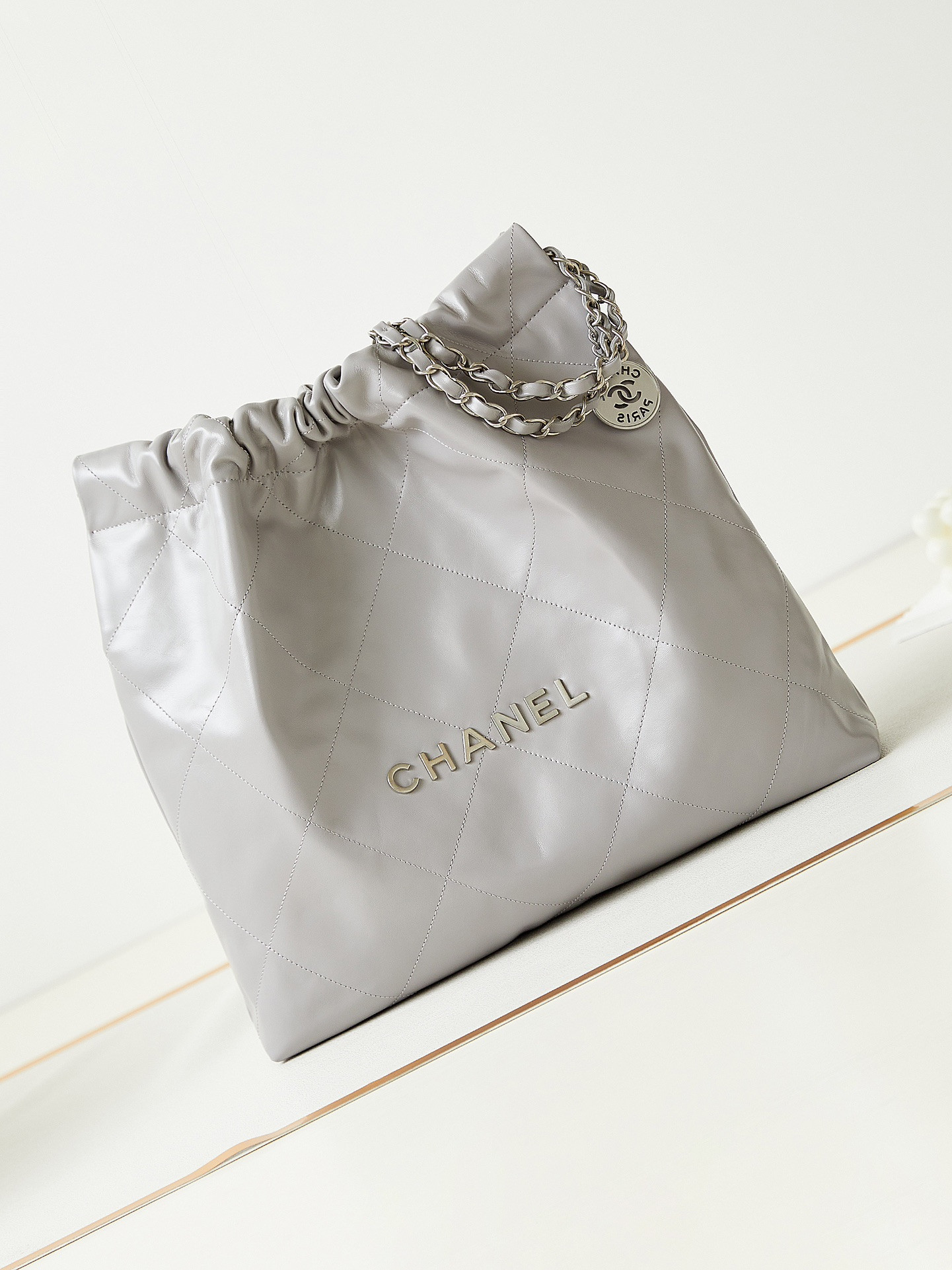 Ch*el 22 small handbag shiny calfskin grey 15.2×16.4×3.1 in