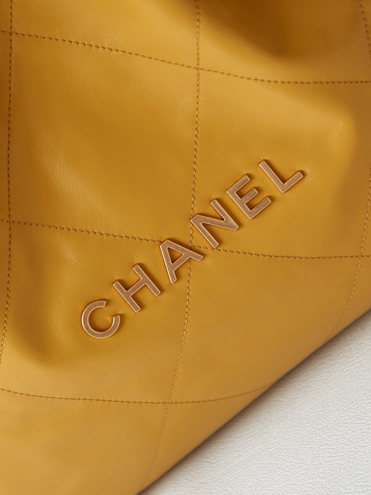 Ch*el 22 small handbag shiny calfskin yellow 13.7×14.4×2.7 in