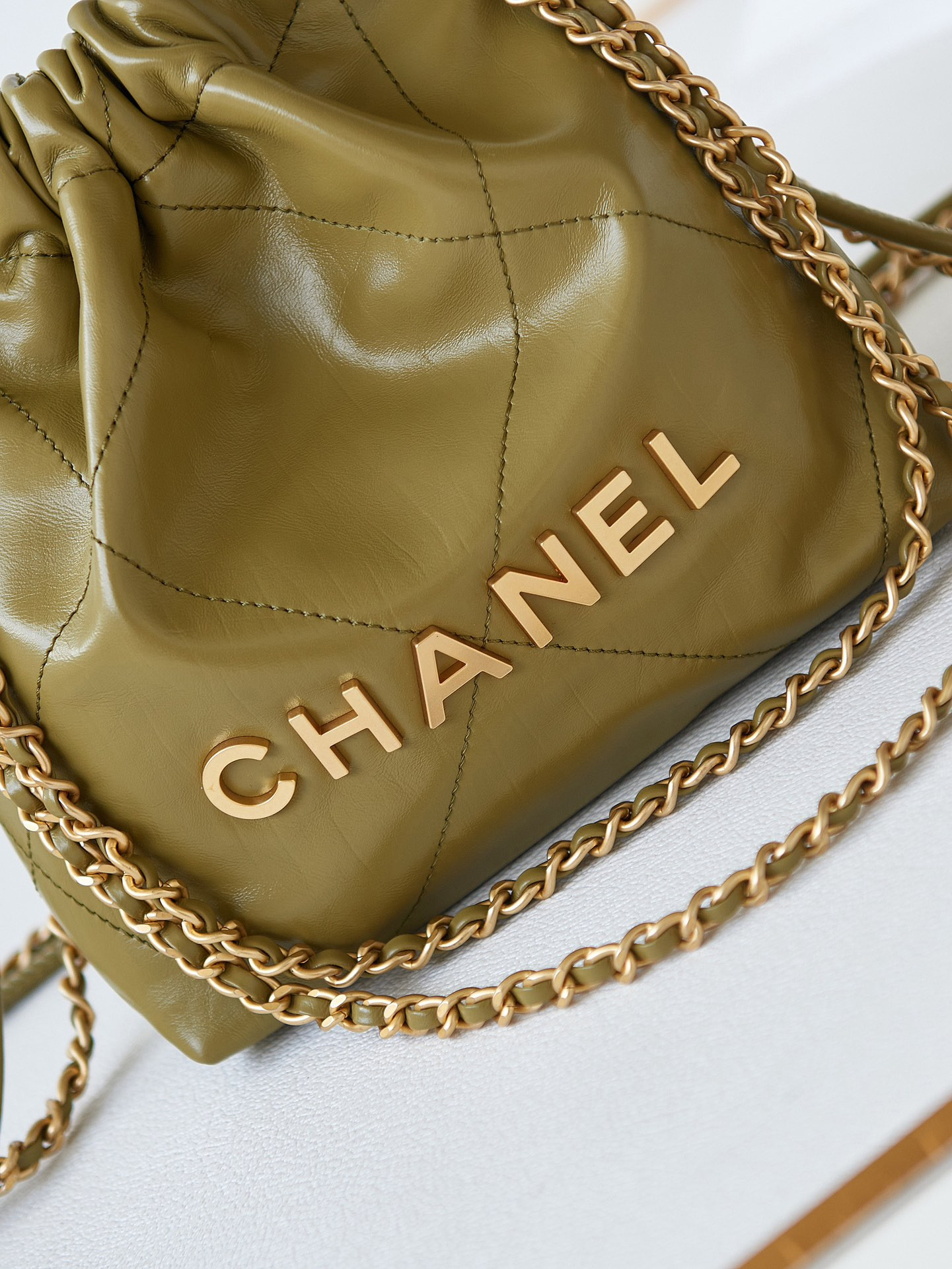 Ch*el 22 mini handbag shiny calfskin green 7.8 × 7.4 × 2.3 in