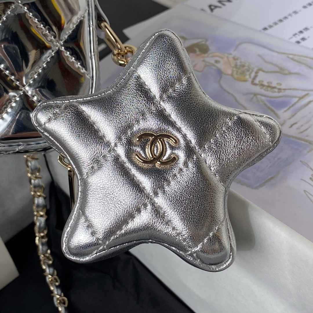 Ch*el flap bag & star coin purse silver 12.5×19×5cm