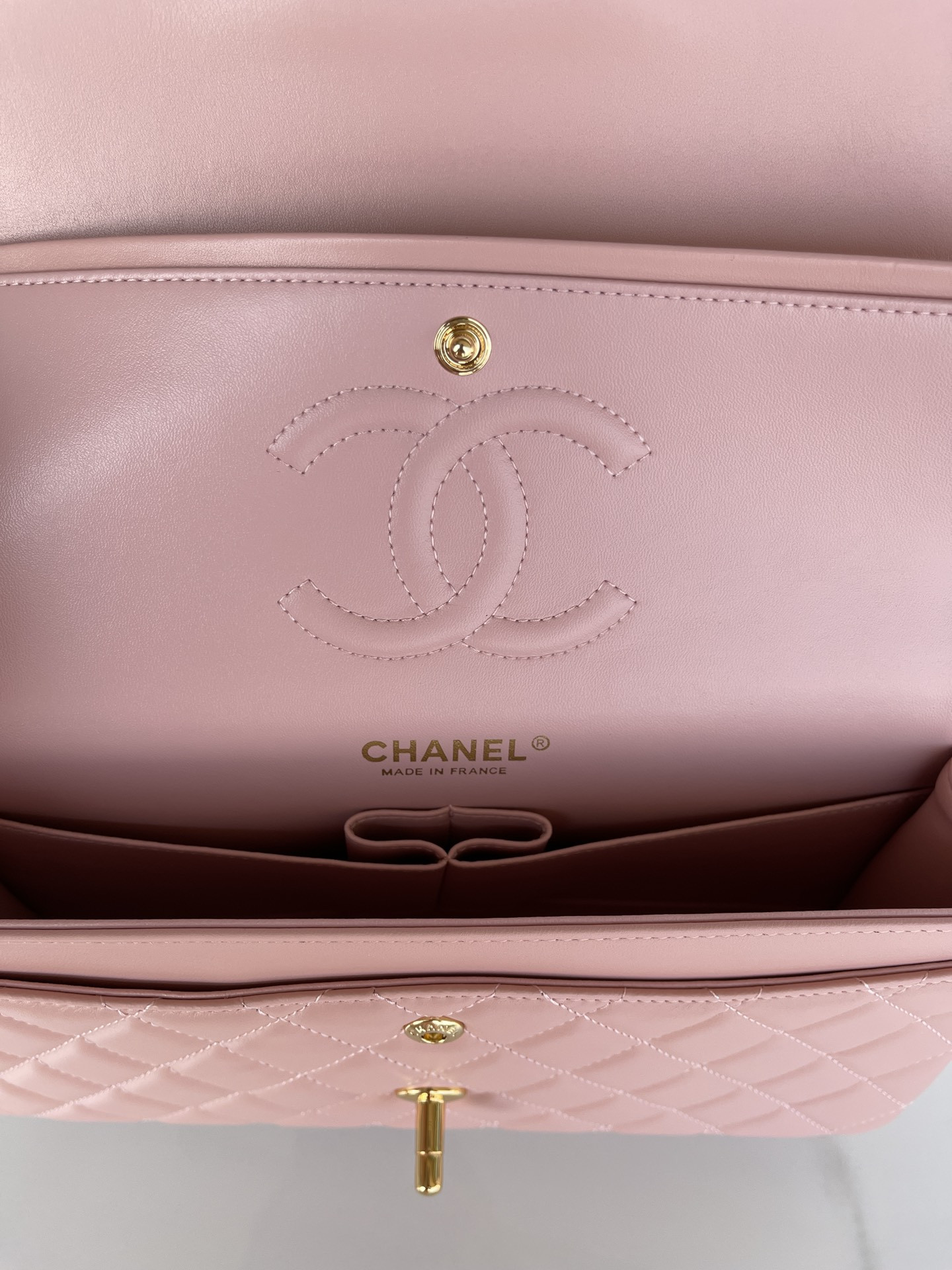 Ch*el classic flap 25cm cf pink gold 6 × 9.9 × 2.5 in