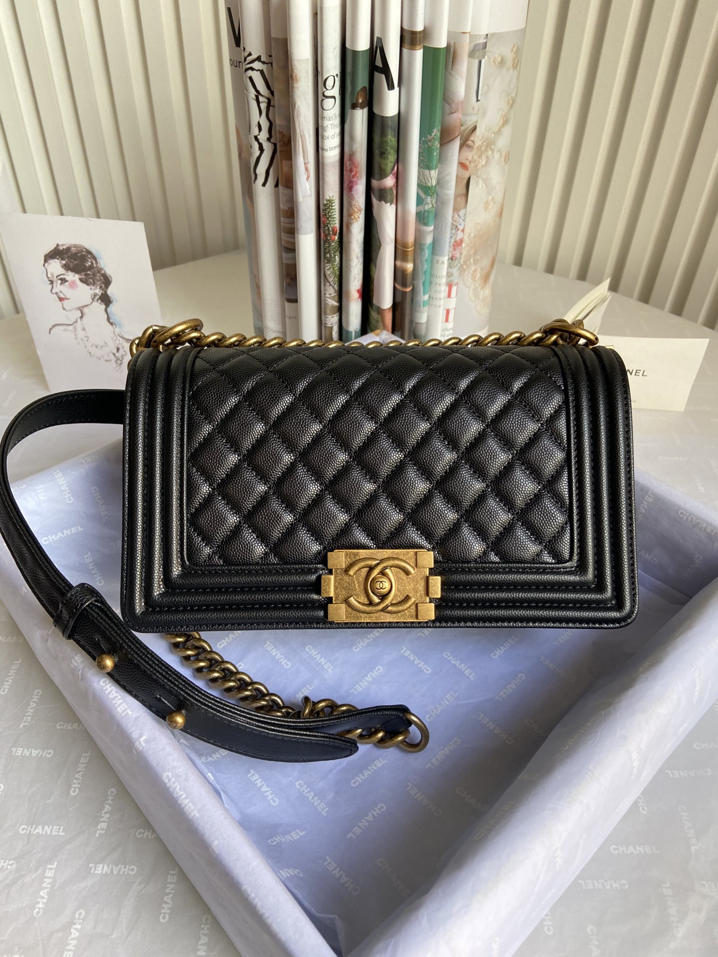 boy Ch*el handbag shiny grained calfskin 5.9 × 9.8 × 3.5 in