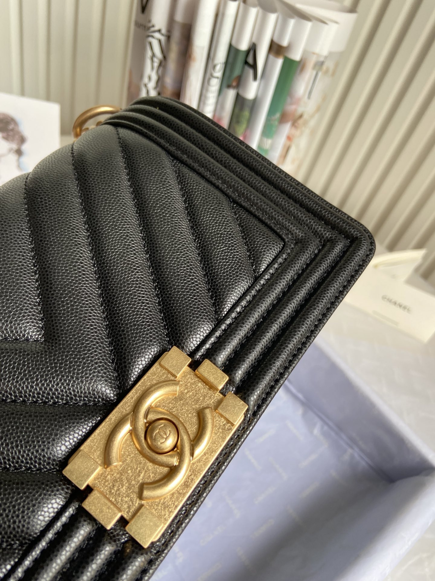 boy Ch*el handbag shiny grained calfskin black 5.9 × 9.8 × 3.5 in