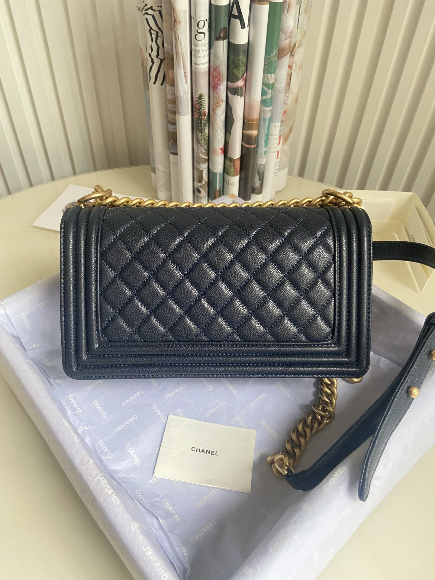 boy Ch*el handbag shiny grained calfskin & gold-tone metal navy 5.9 × 9.8 × 3.5 in