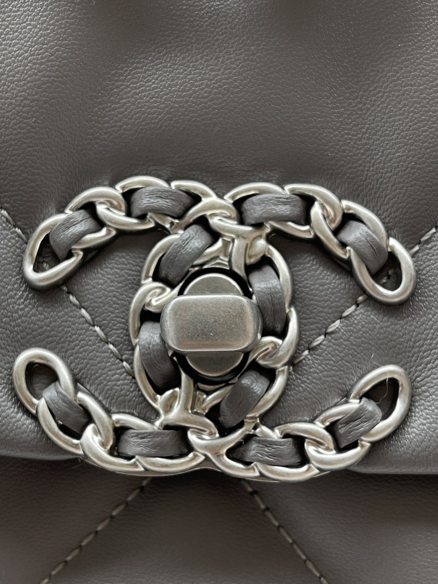 Ch*el 19 handbag shiny leather, gold-tone, silver-tone & ruthenium-finish metal dark gray 6.2 × 10.1 × 3.5 in