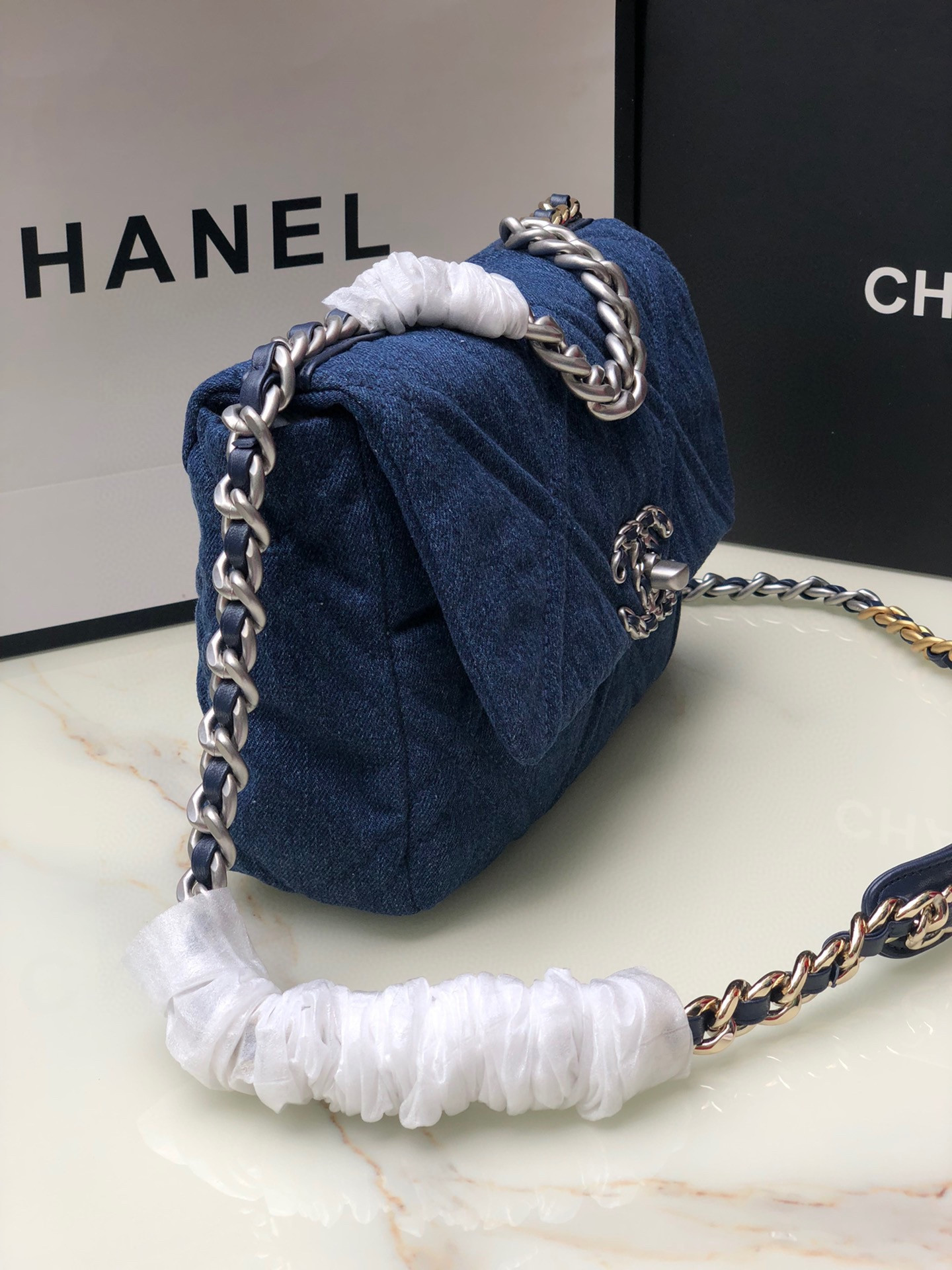 Ch*el 19 handbag, gold-tone, silver-tone & ruthenium-finish metal navy 6.2 × 10.1 × 3.5 in