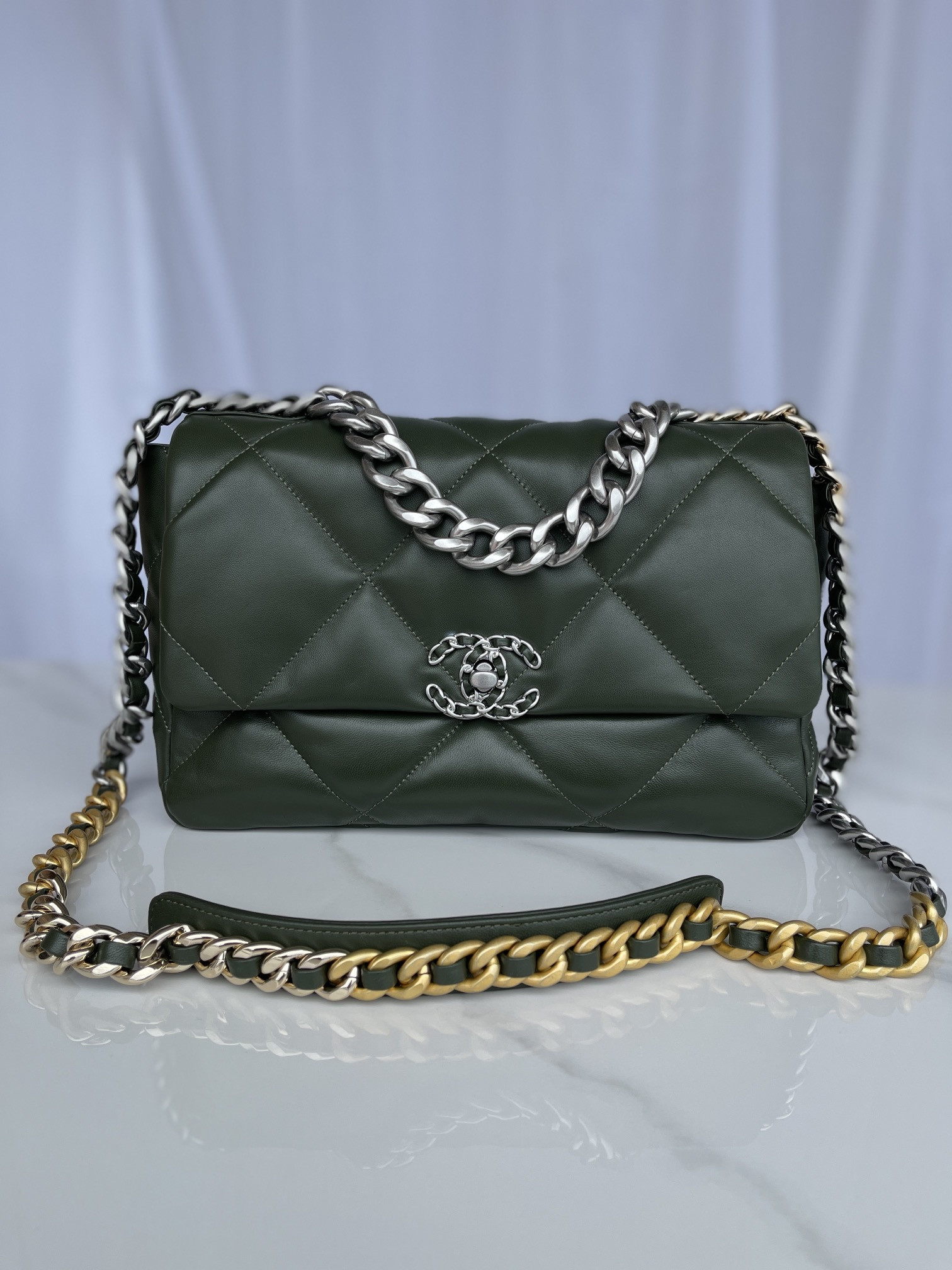 Ch*el 19 large handbag shiny leather, gold-tone, silver-tone & ruthenium-finish metal dark green 7.8 × 11.7 × 3.9 in