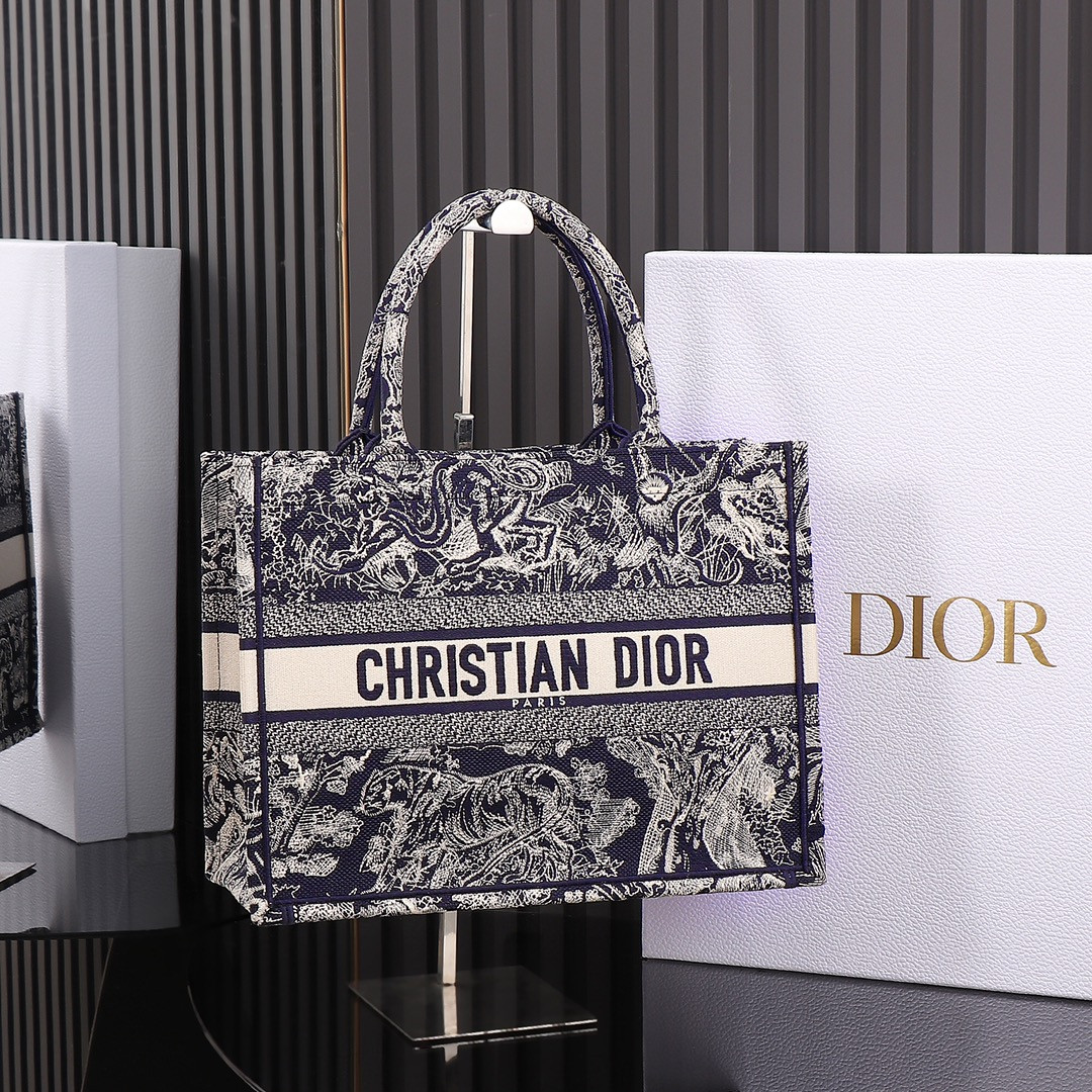 medium D*or book tote blue and ecru toile de jouy reverse embroidery 14 x 11 x 6.5 inches